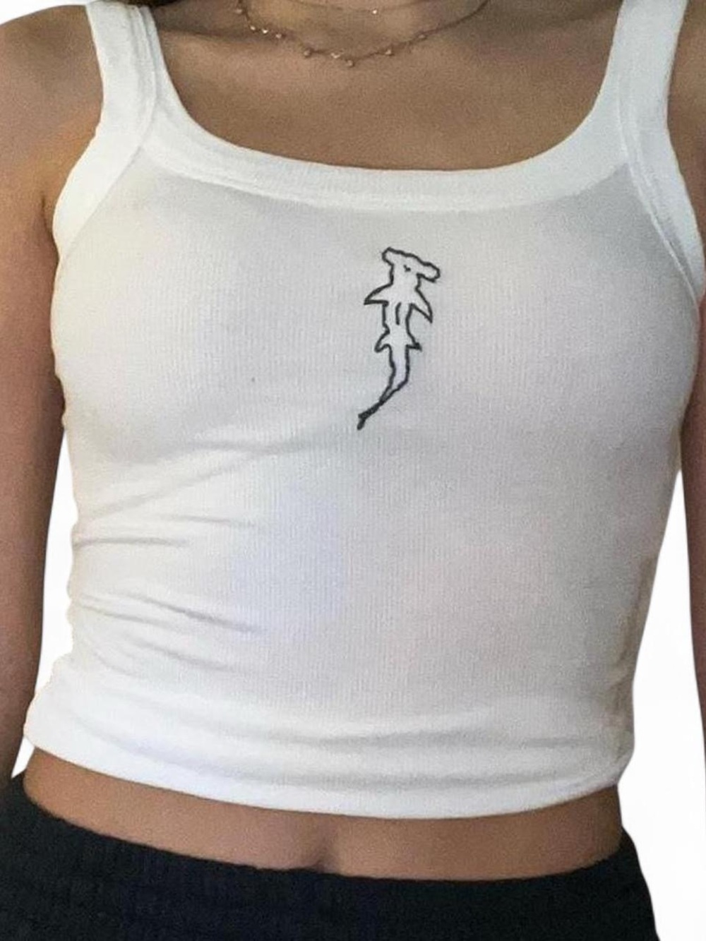 White Ribbed Tank Top with Small Shark Outline